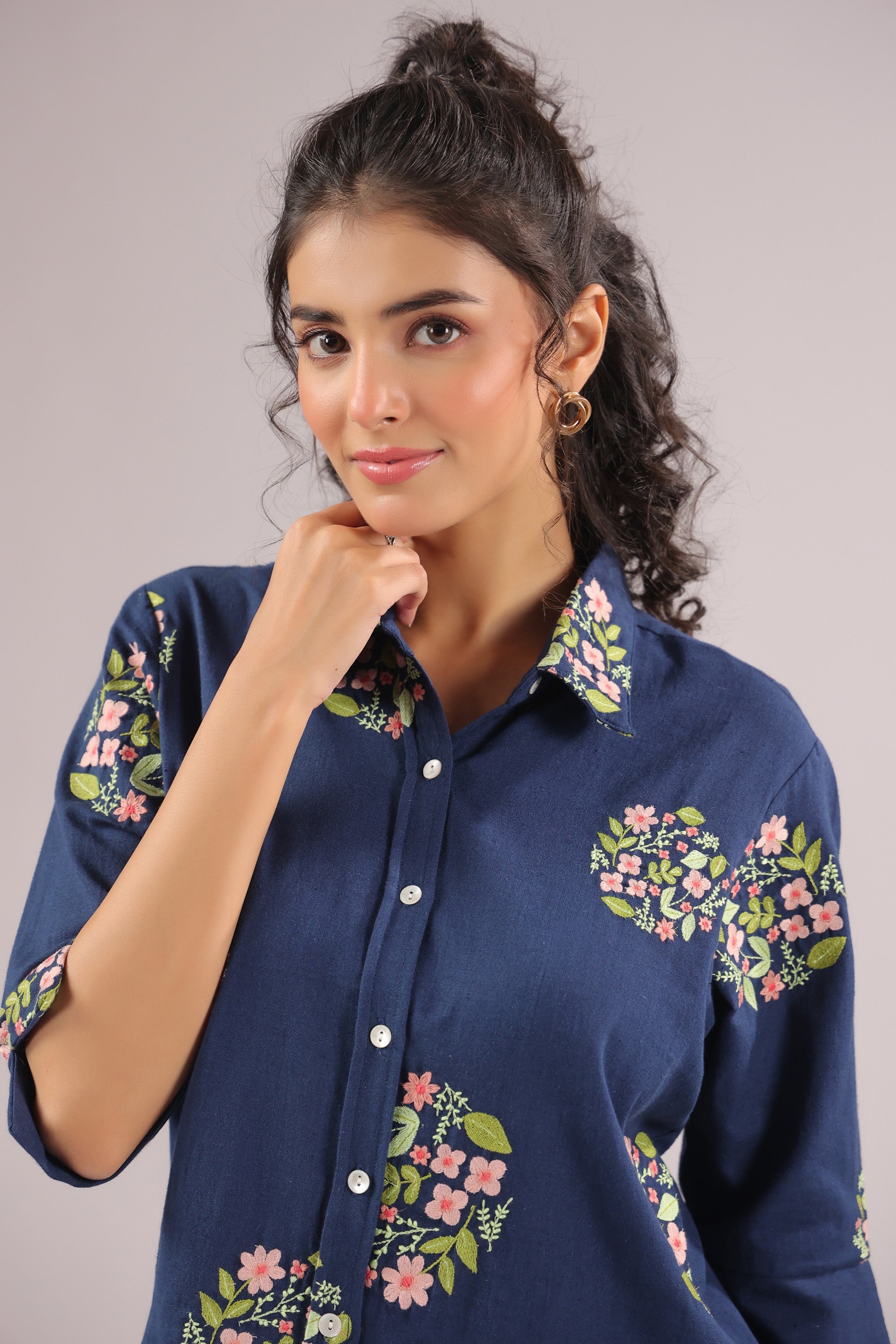 Navy Petal  Embroidered Cotton Flex Shirt