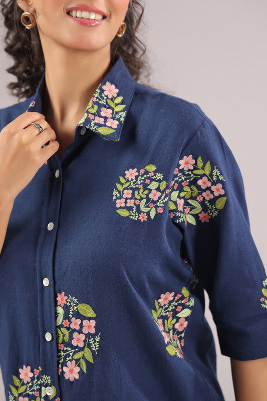 Navy Petal  Embroidered Cotton Flex Shirt