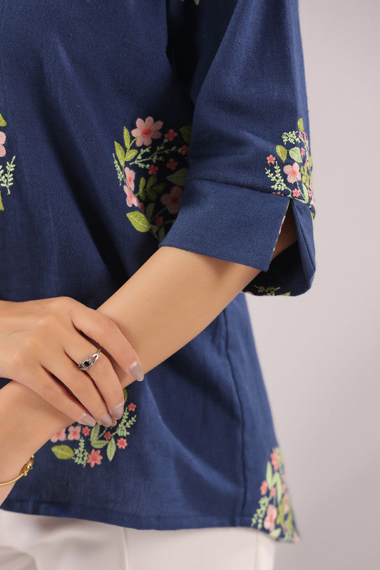 Navy Petal  Embroidered Cotton Flex Shirt