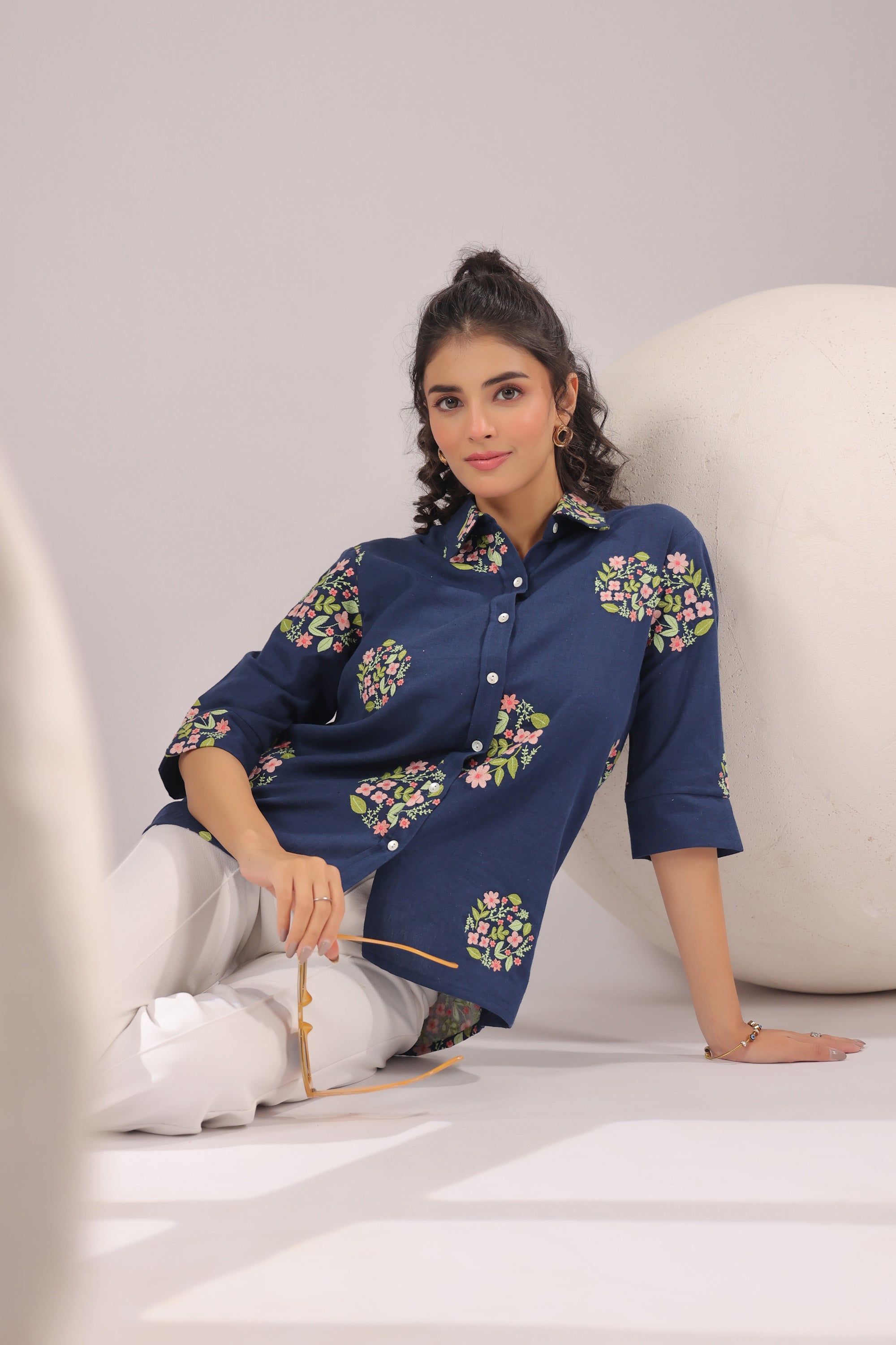 Navy Petal  Embroidered Cotton Flex Shirt
