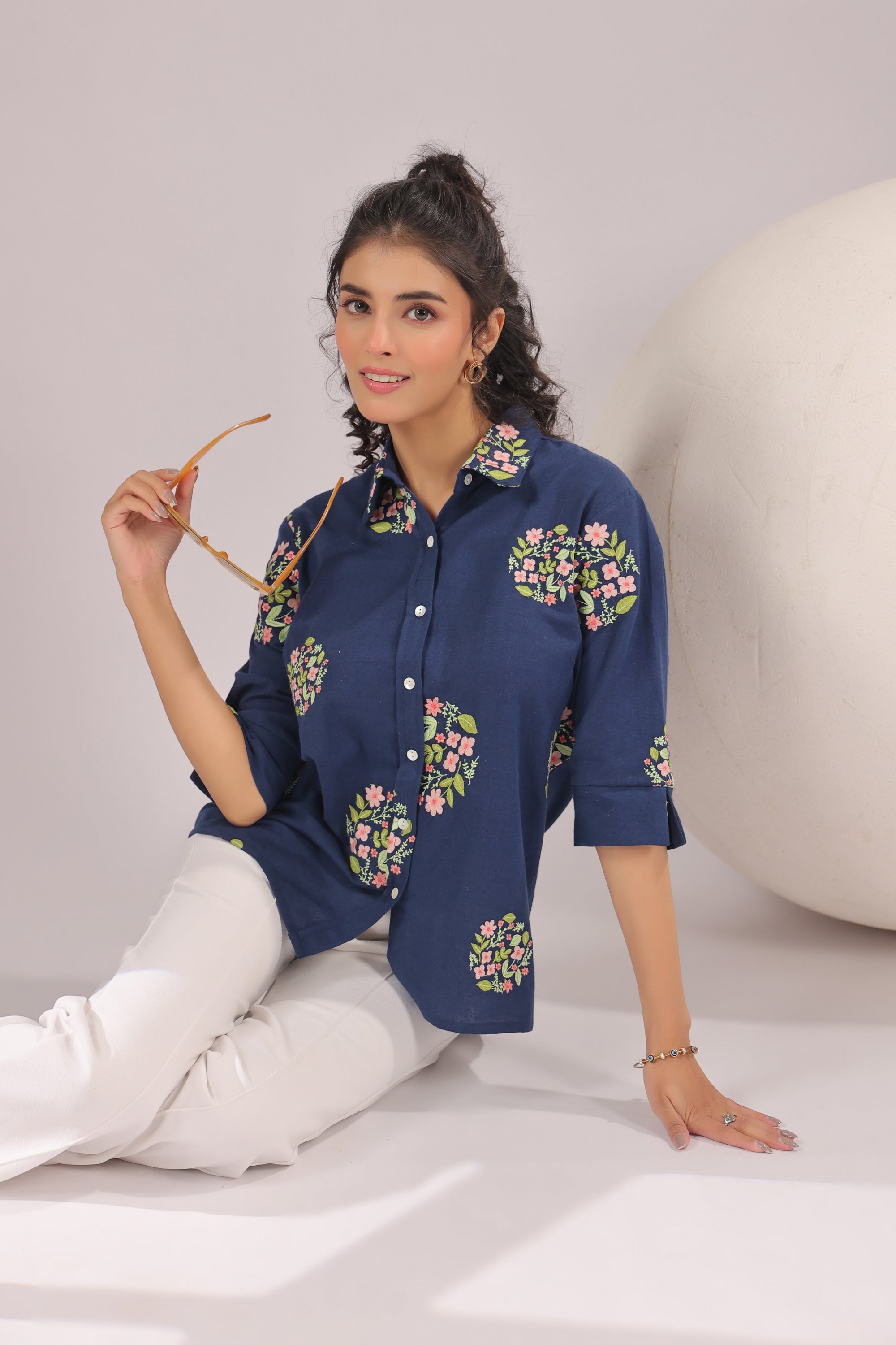 Navy Petal  Embroidered Cotton Flex Shirt