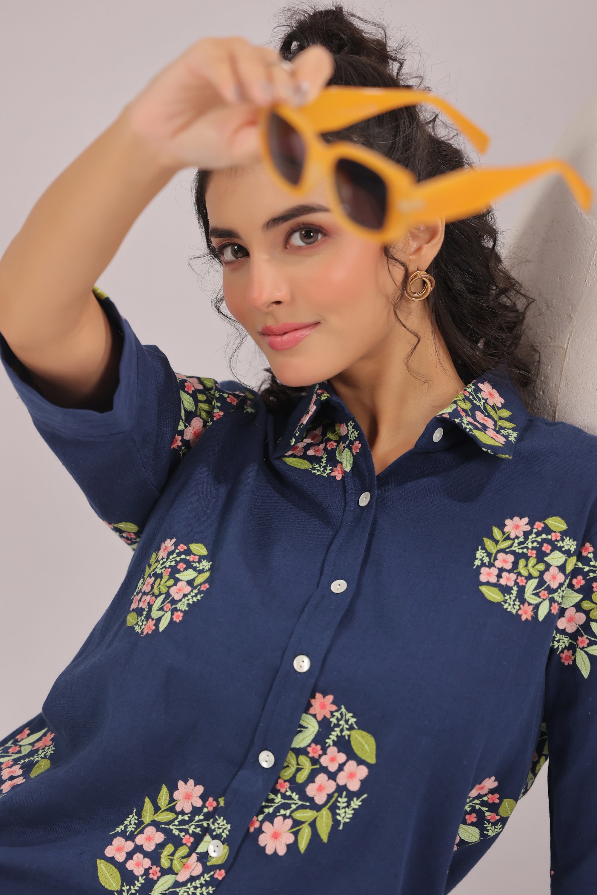 Navy Petal  Embroidered Cotton Flex Shirt