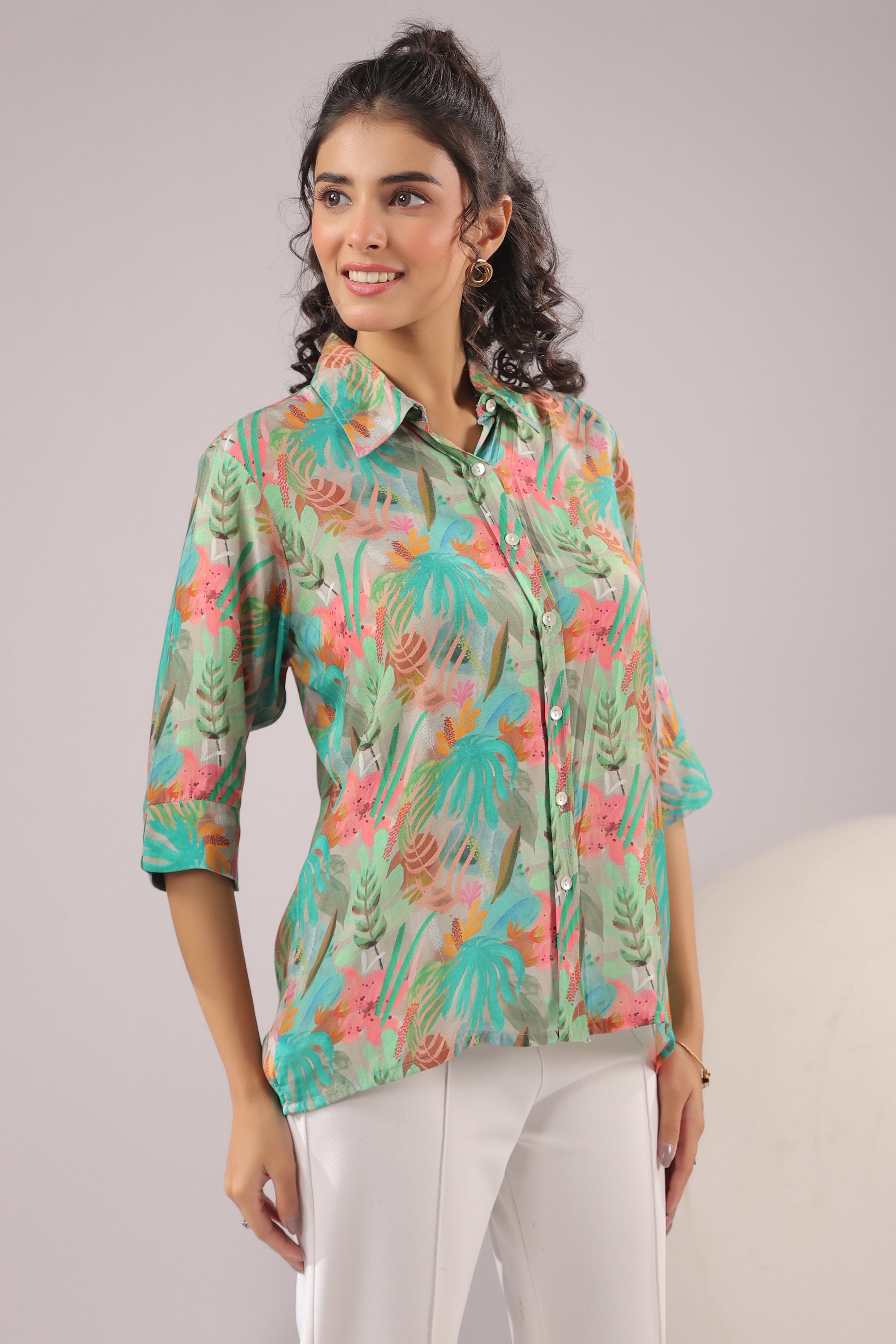 Tropical Mist Printed Muslin Silk Shirt