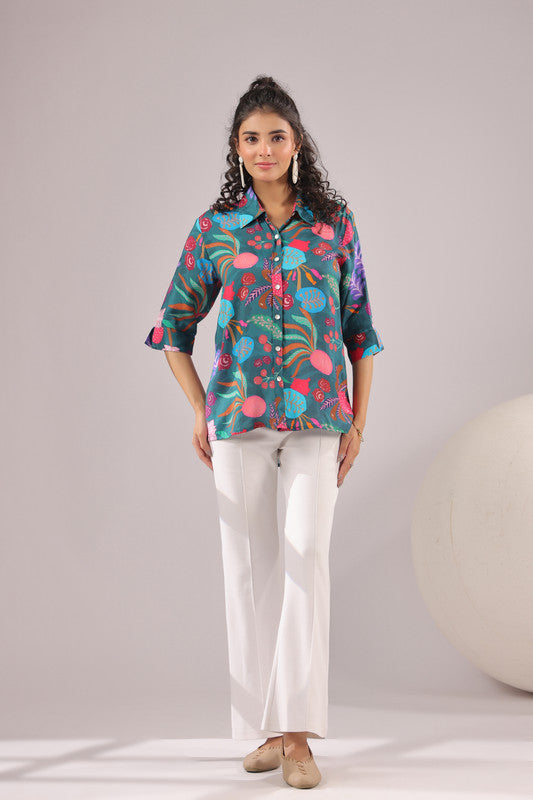 Jungle Bloom Printed Muslin Silk Shirt