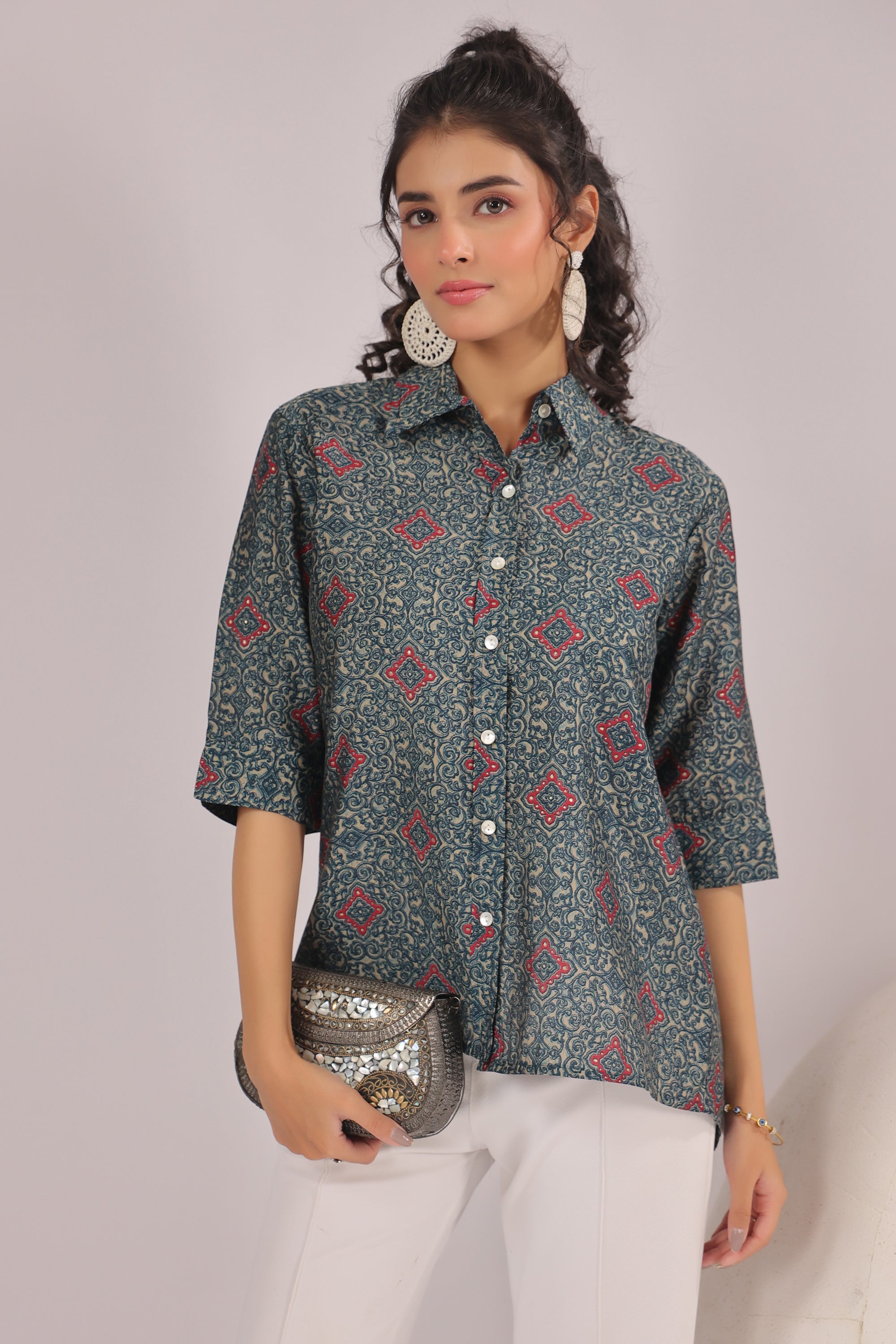 Persian Tile Printed Muslin Silk Shirt