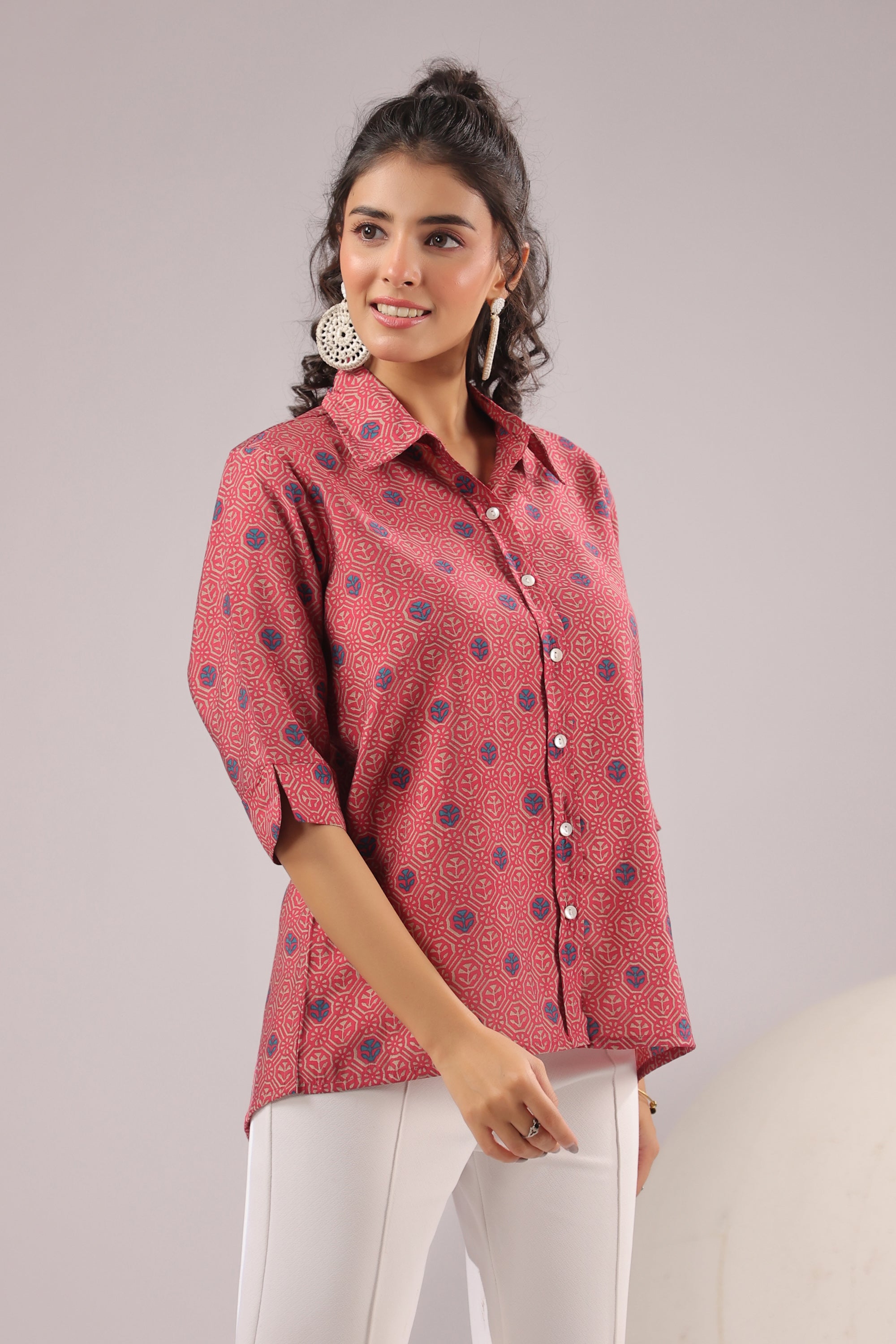 Crimson Spiral Printed Muslin Silk Shirt