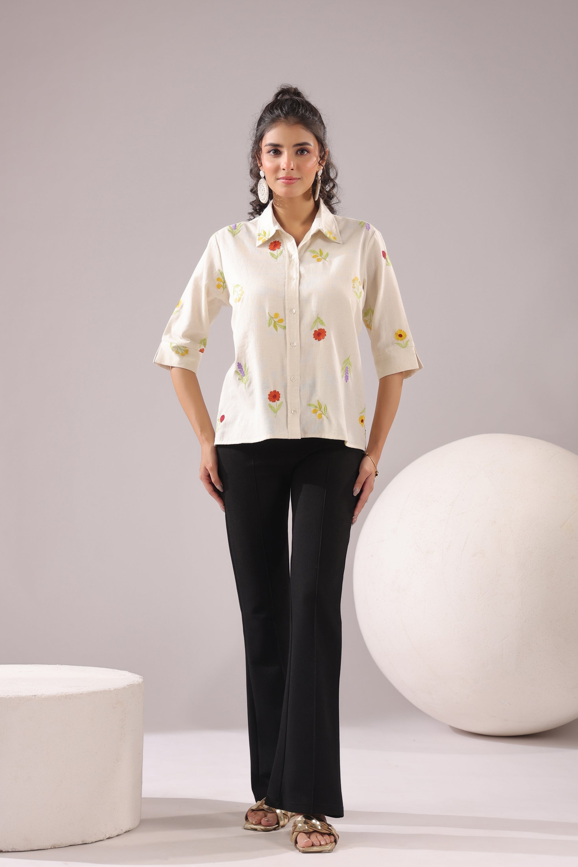 Ivory Meadow  Embroidered Cotton Flex Shirt