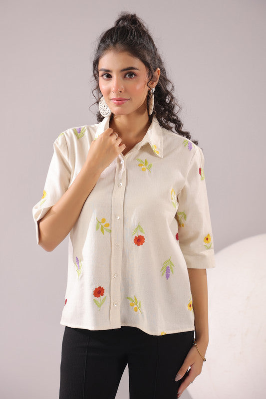 Ivory Meadow  Embroidered Cotton Flex Shirt