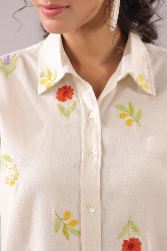 Ivory Meadow  Embroidered Cotton Flex Shirt