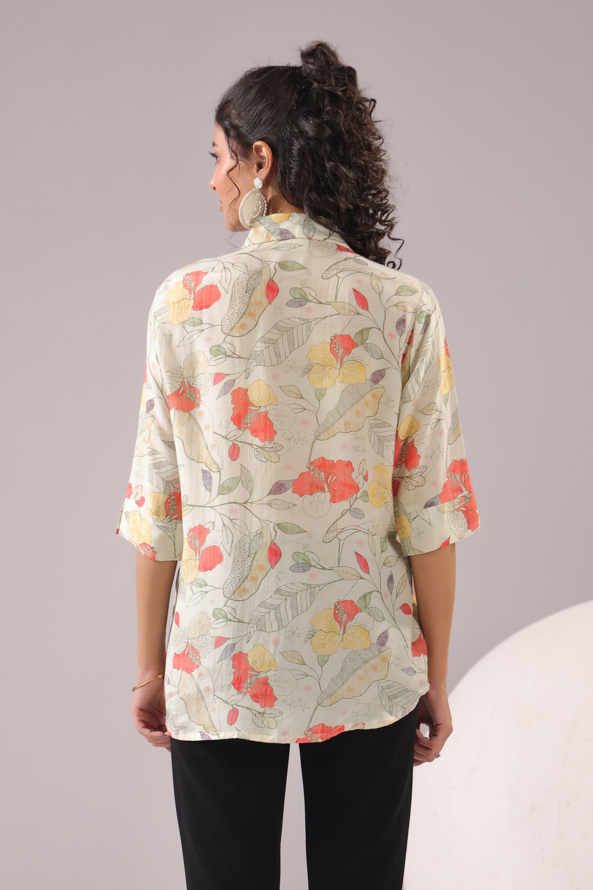Floral Breeze Beige Printed Muslin Silk Shirt