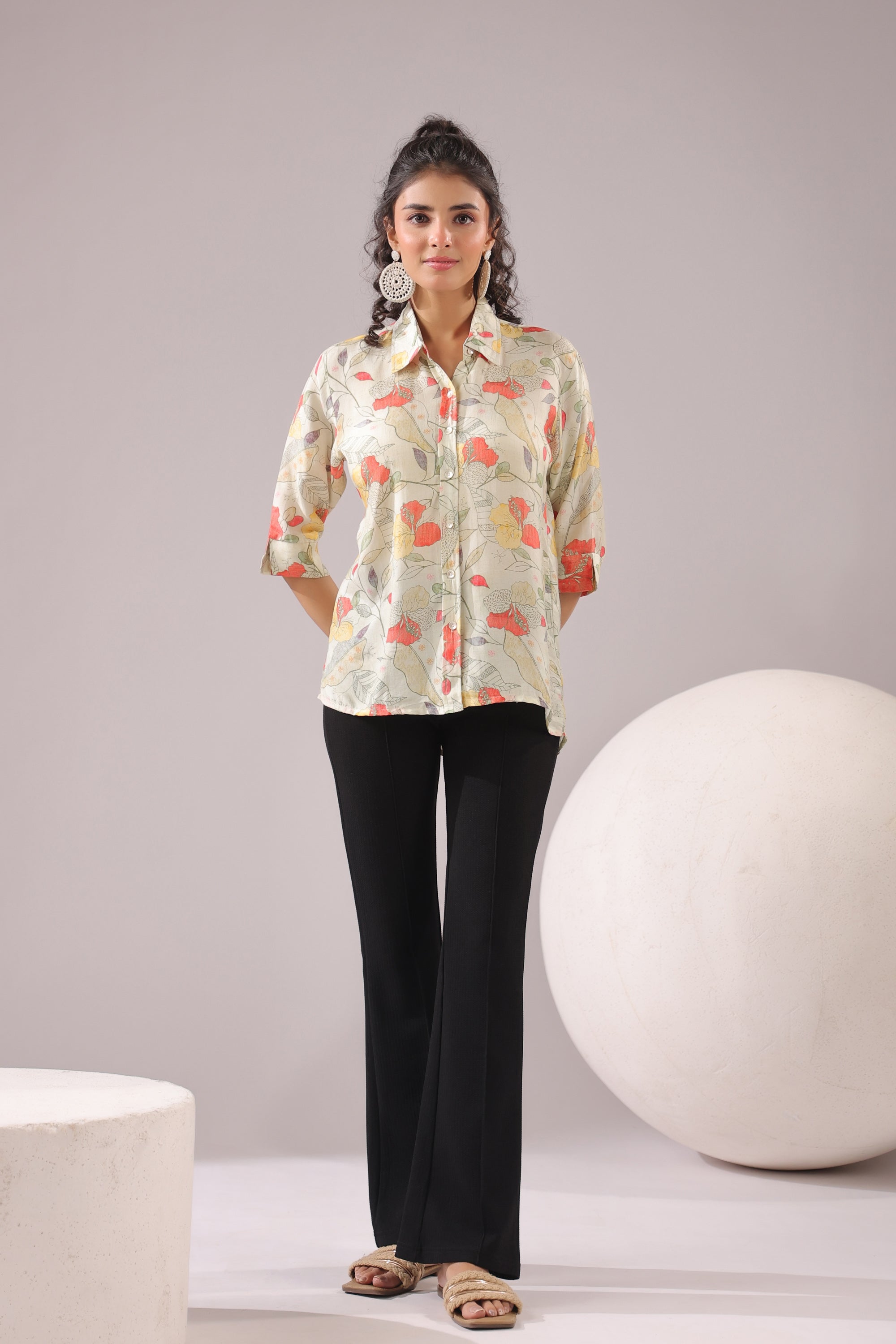 Floral Breeze Beige Printed Muslin Silk Shirt
