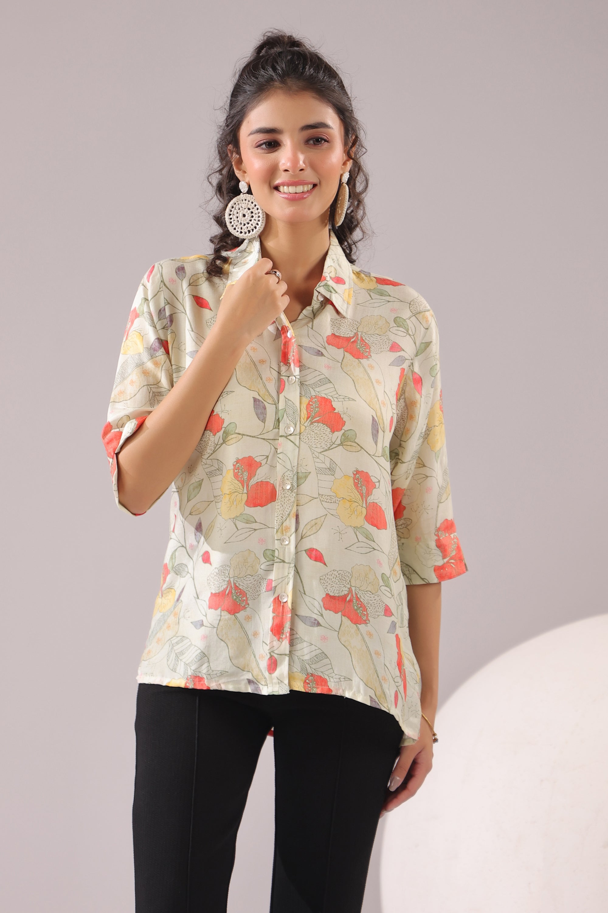 Floral Breeze Beige Printed Muslin Silk Shirt