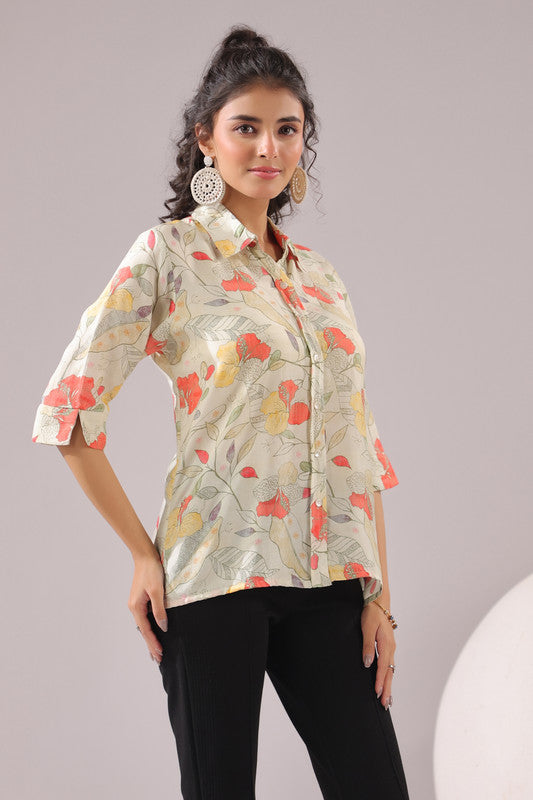 Floral Breeze Beige Printed Muslin Silk Shirt