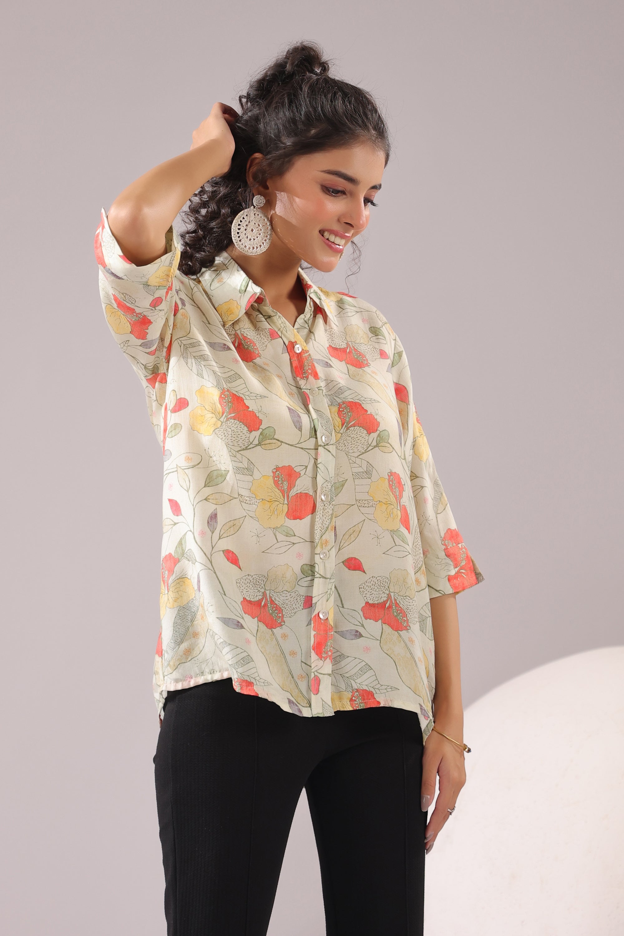 Floral Breeze Beige Printed Muslin Silk Shirt
