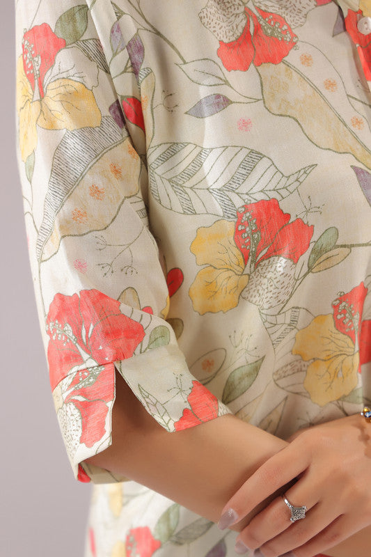 Floral Breeze Beige Printed Muslin Silk Shirt