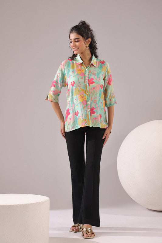 Blossom Sketch Printed Muslin Silk Shirt