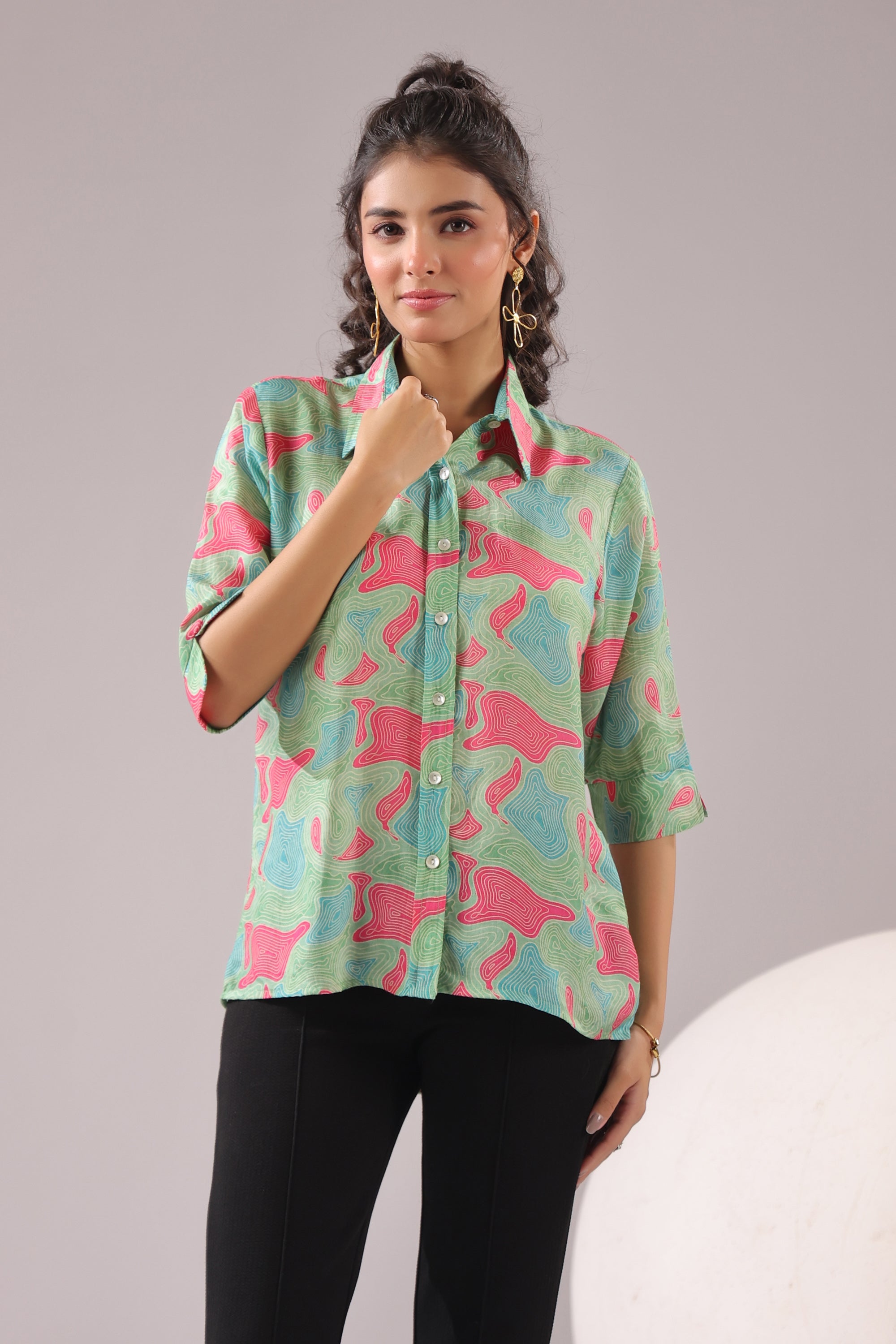 Mint Maze Printed Muslin Silk Shirt