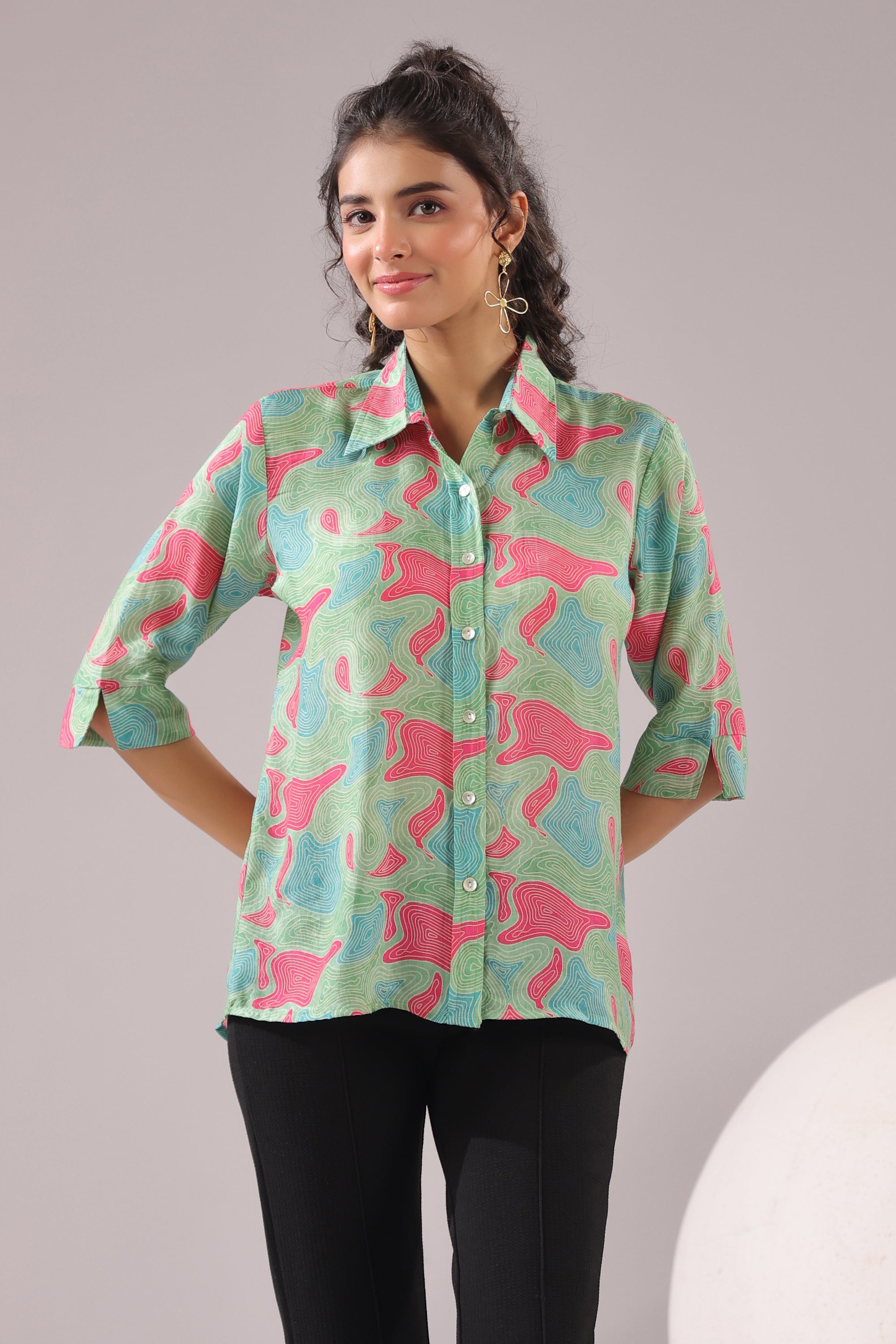 Mint Maze Printed Muslin Silk Shirt