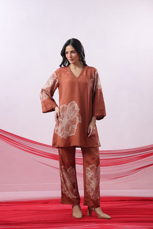 Brown Floral Printed Russian Silk Co-ord Set