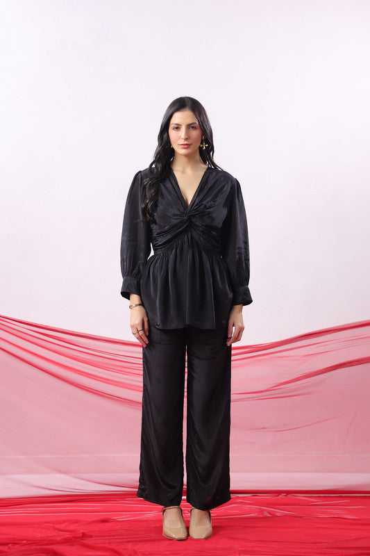 Black Solid Ruched Front Knot Detail Co-ord Set