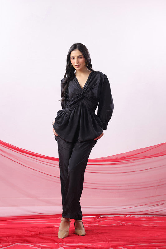 Black Solid Ruched Front Knot Detail Co-ord Set