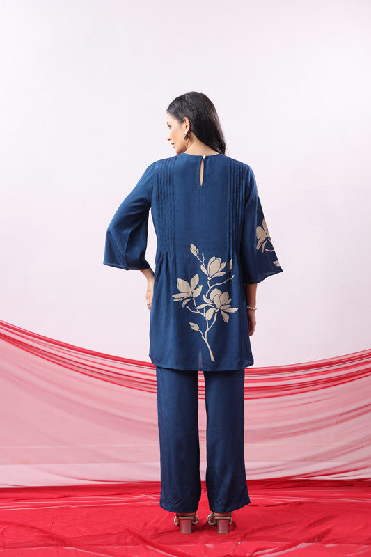 Navy Blue Floral Motif Printed Co-ord Set