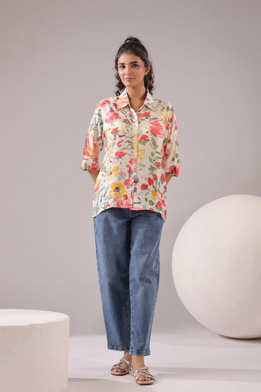 Spring Splash Printed Muslin Silk Shirt