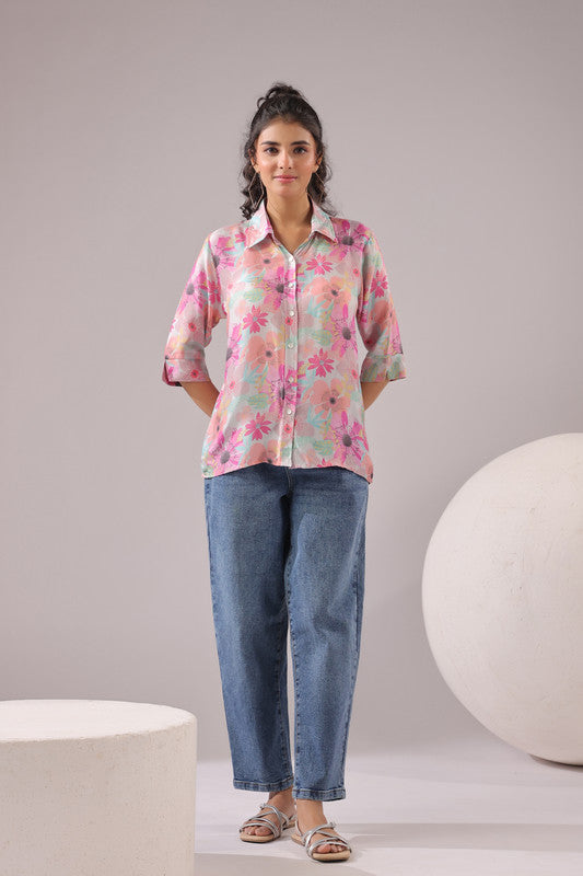 Floral Blush Printed Muslin Silk Shirt