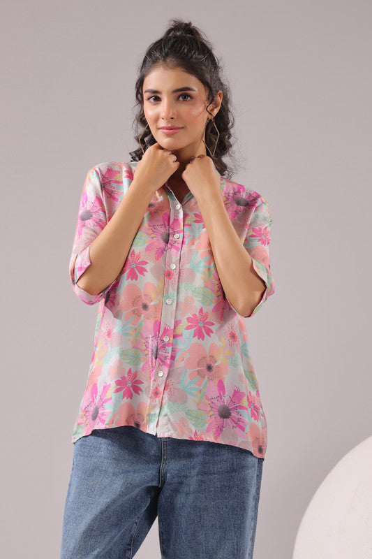 Floral Blush Printed Muslin Silk Shirt