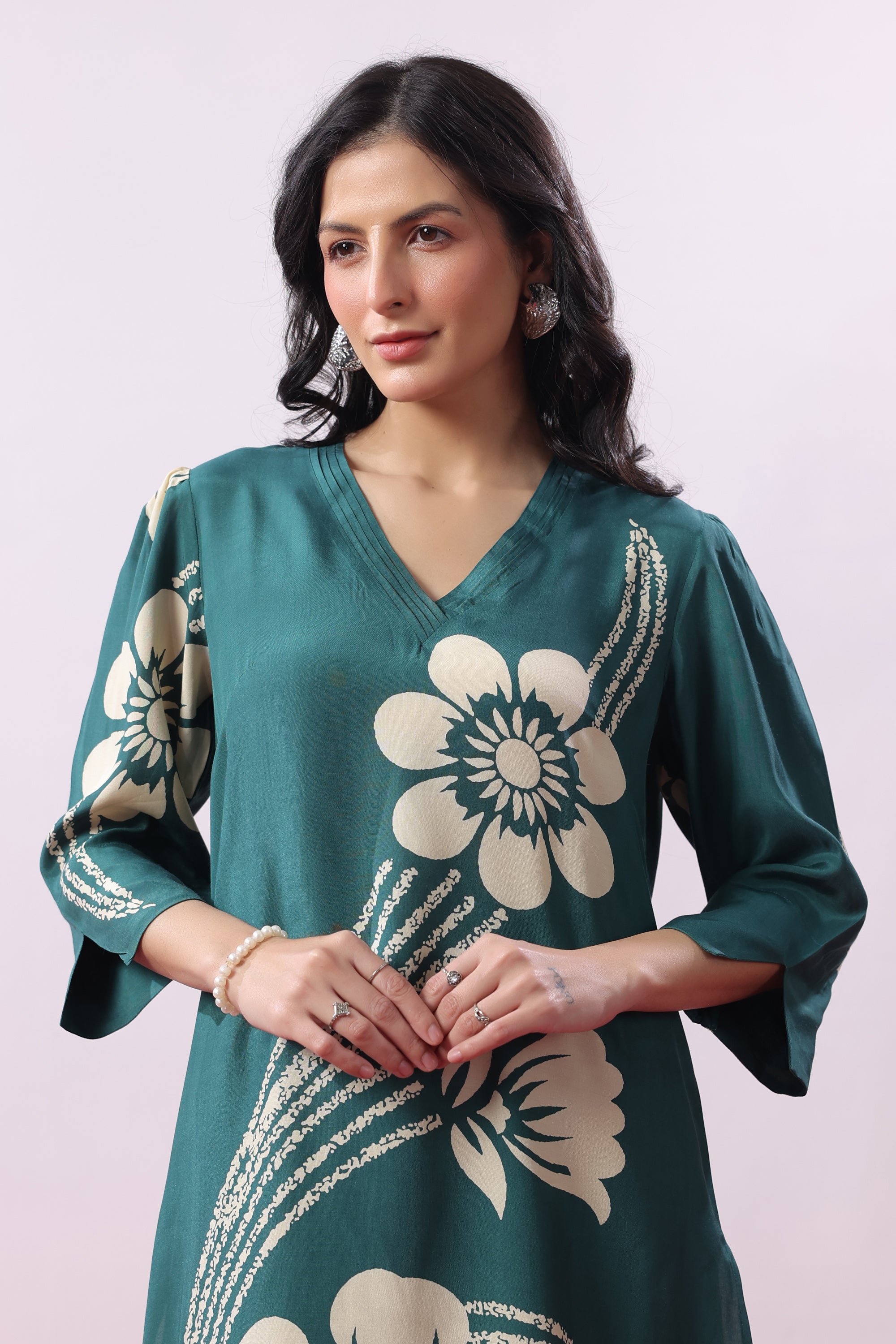 Teal Green Floral Printed Russian Silk Co-ord Set