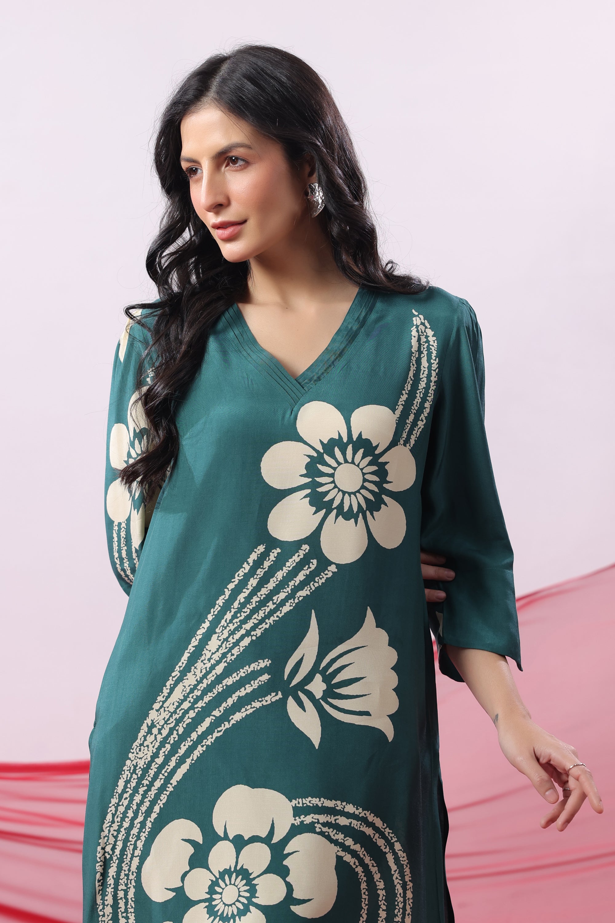 Teal Green Floral Printed Russian Silk Co-ord Set