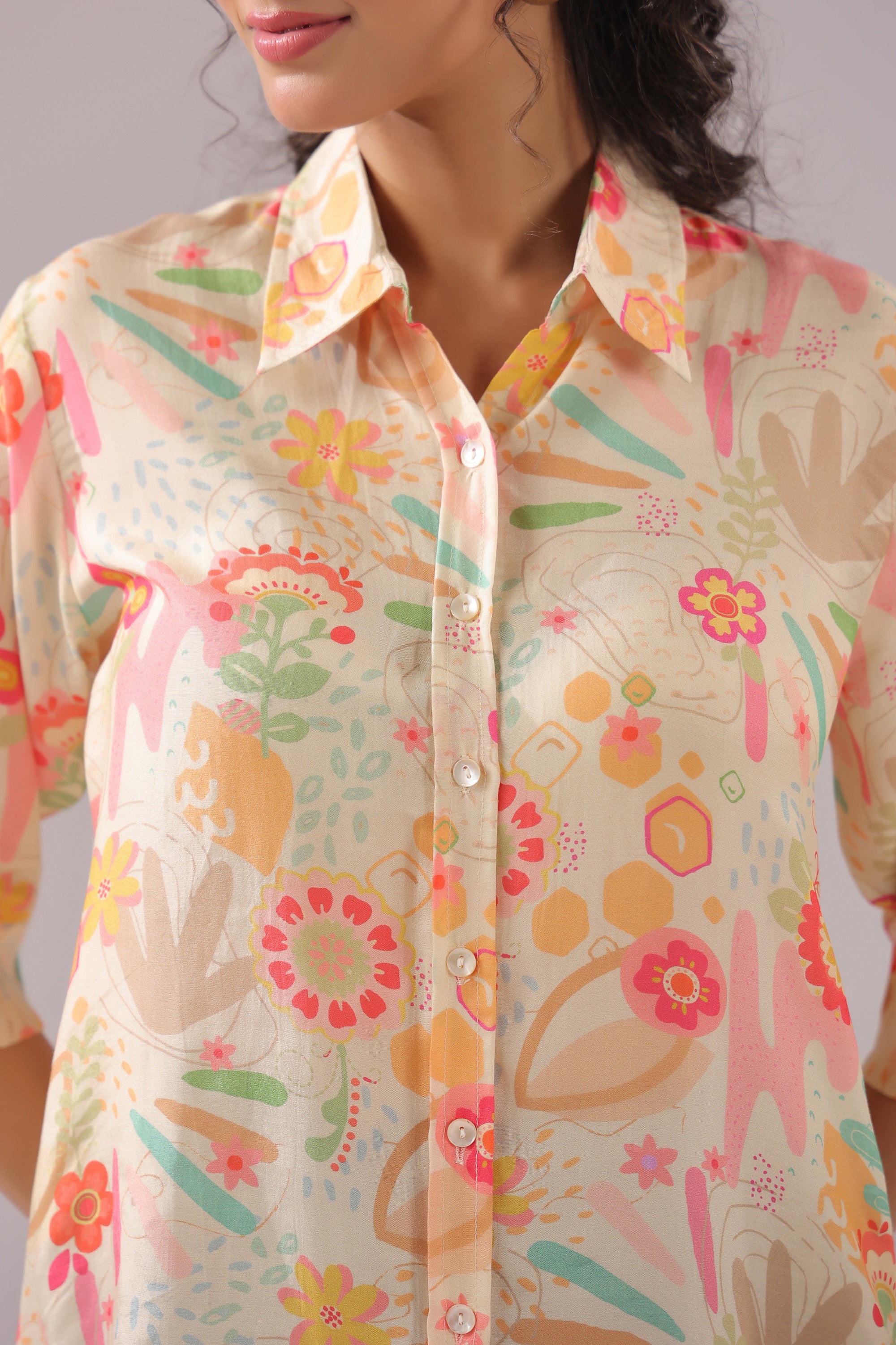 Peach Bloom Printed Muslin Silk Shirt