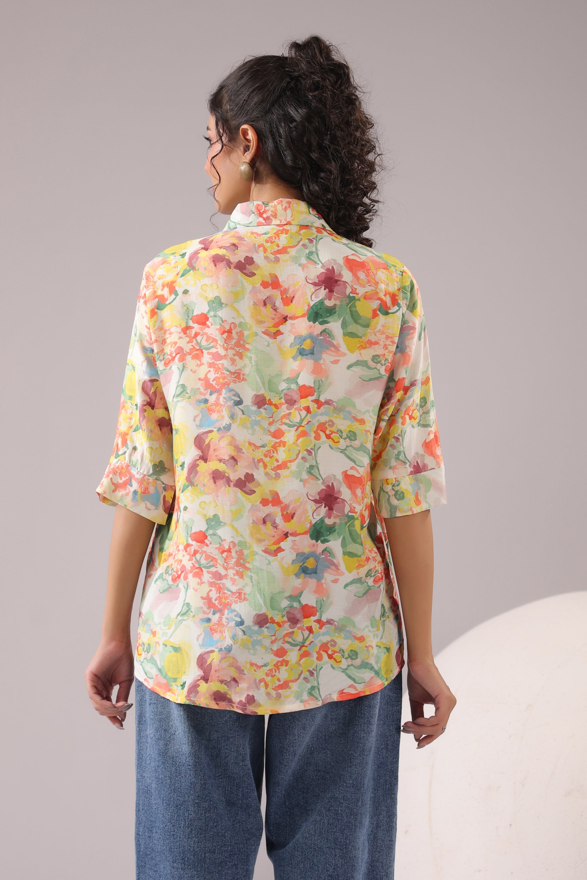 Peach Bloom Printed Muslin Silk Shirt
