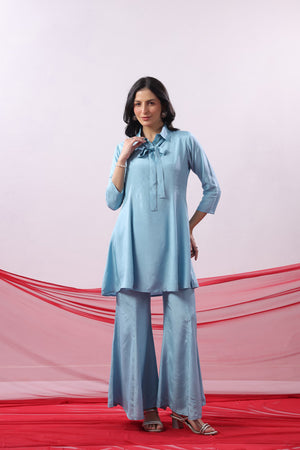 Blue Solid Tie-Up Russian Silk Co-ord Set