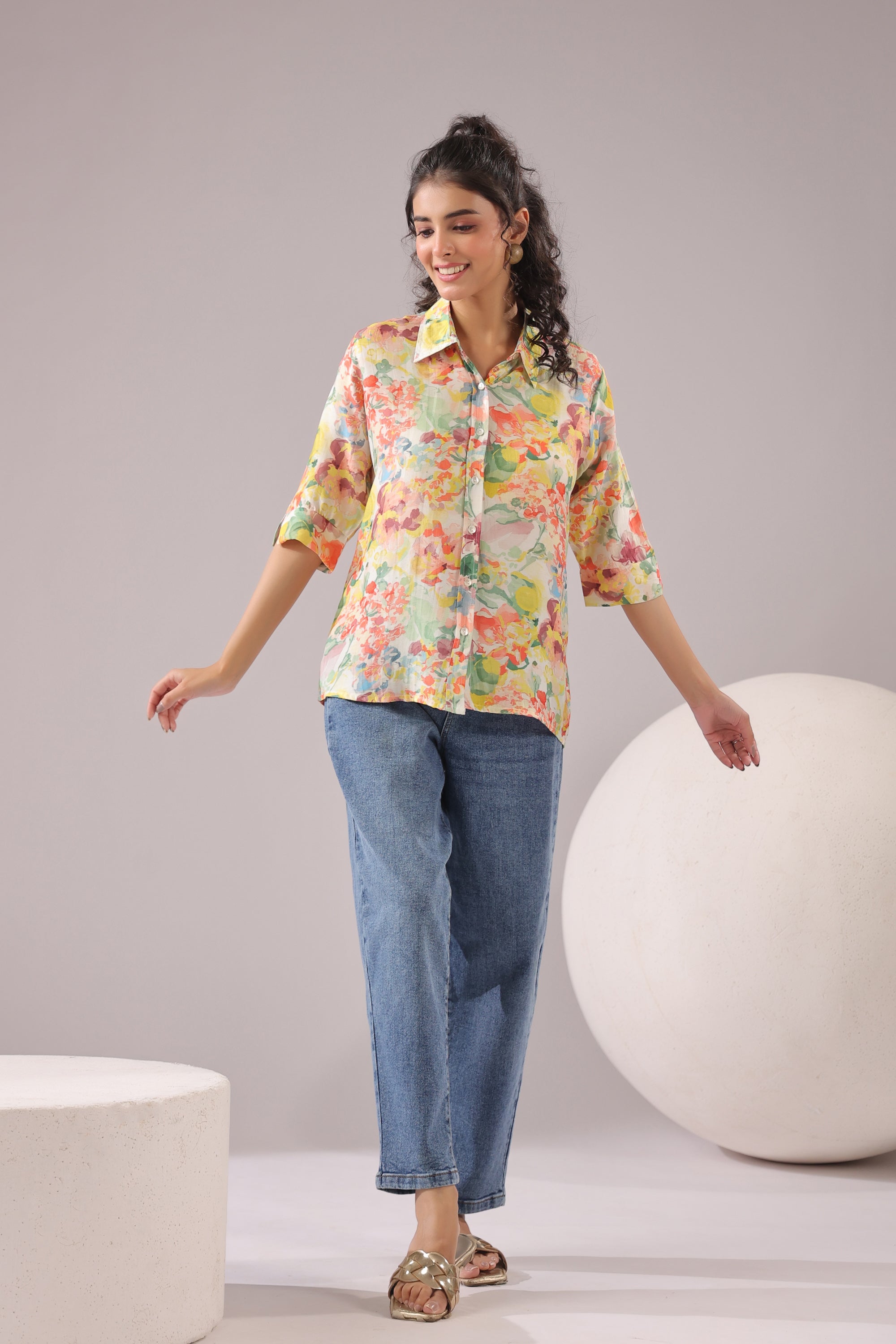 Sunlit Petal Printed Muslin Silk Shirt