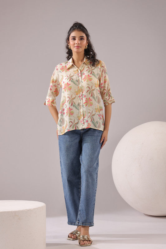 Ivory Blossom Printed Muslin Silk Shirt