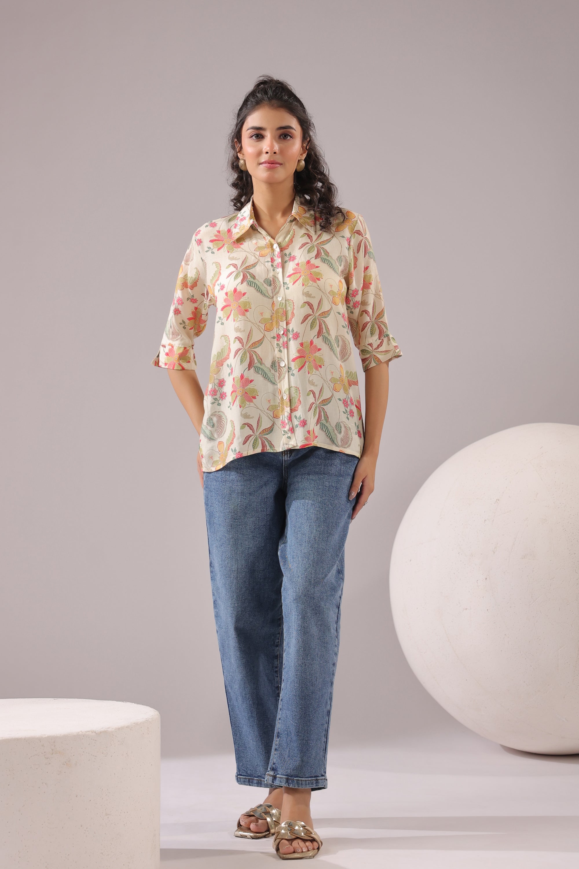 Ivory Blossom Printed Muslin Silk Shirt