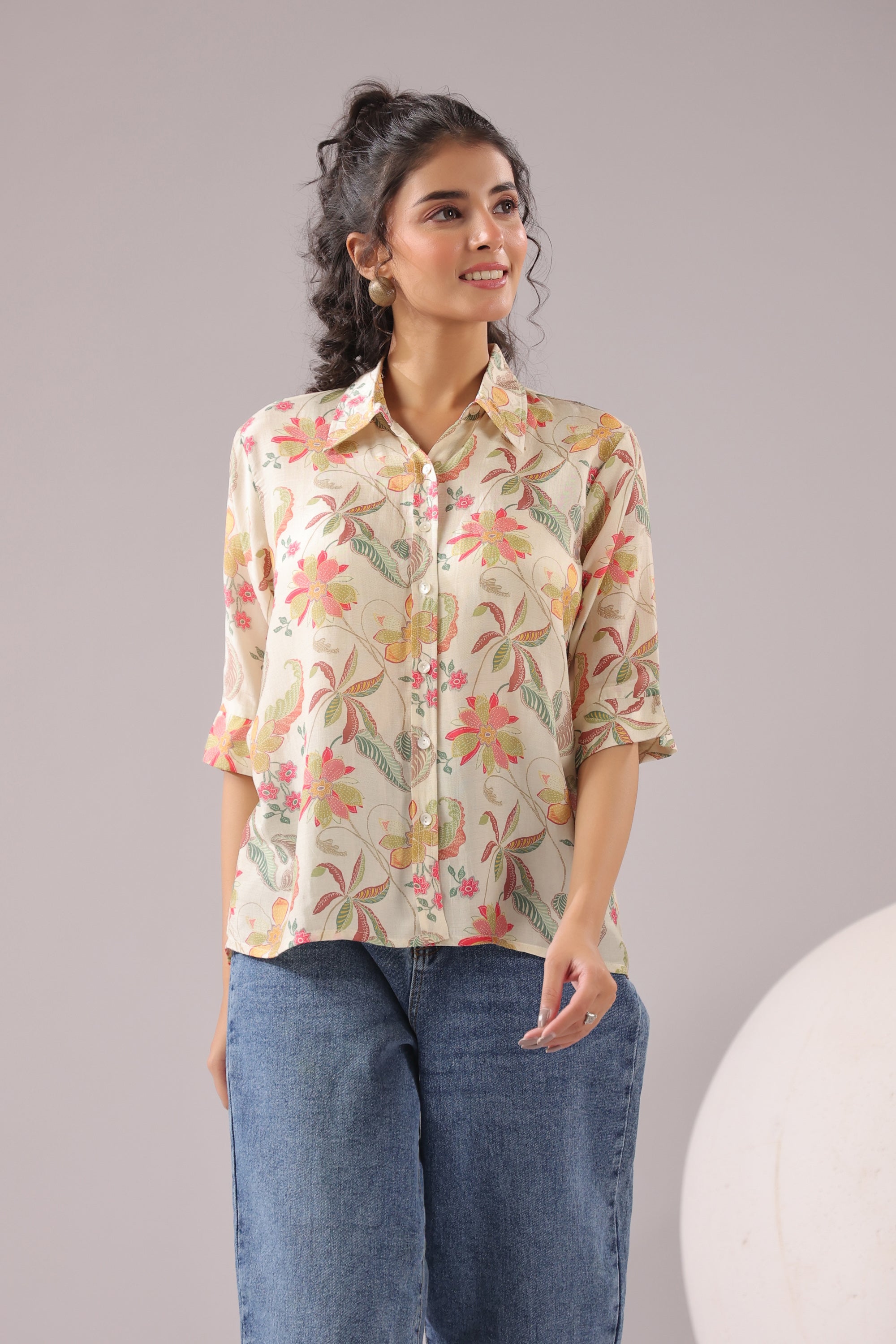 Ivory Blossom Printed Muslin Silk Shirt