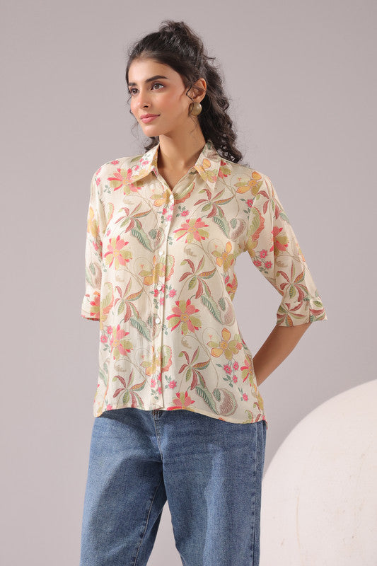 Ivory Blossom Printed Muslin Silk Shirt