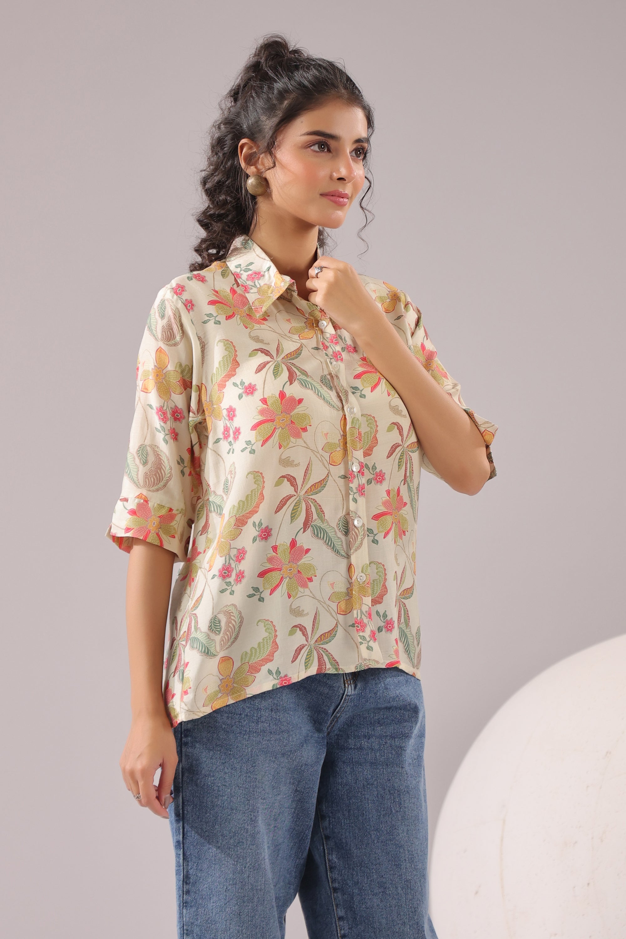 Ivory Blossom Printed Muslin Silk Shirt