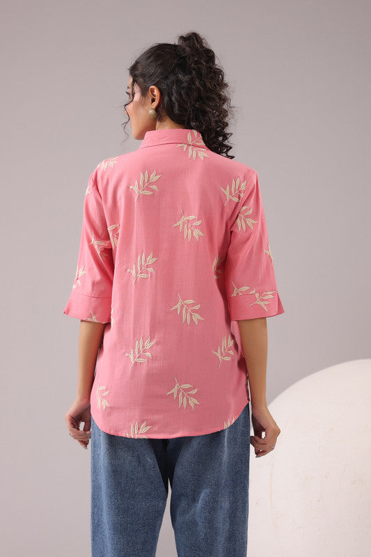 Coral Leaf  Embroidered Cotton Flex Shirt