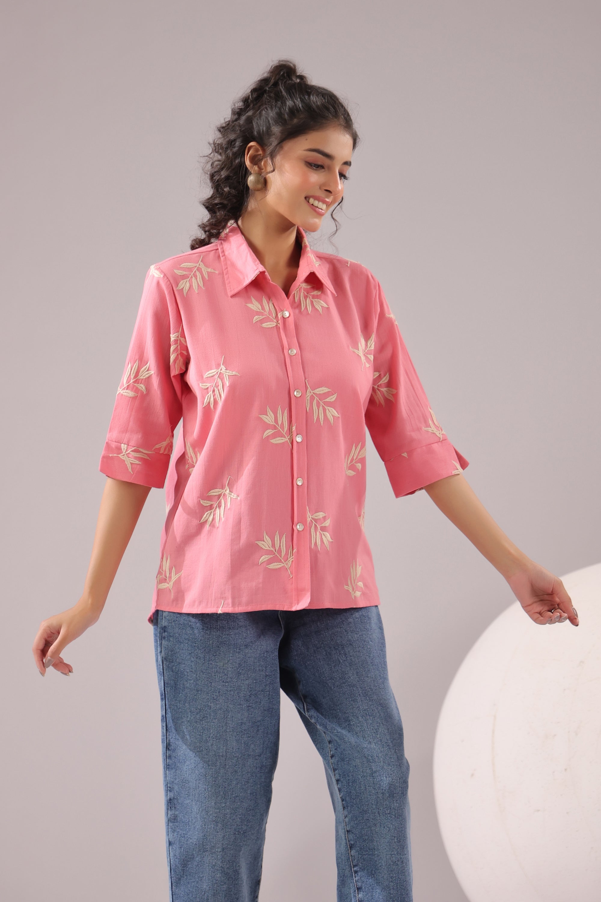 Coral Leaf  Embroidered Cotton Flex Shirt