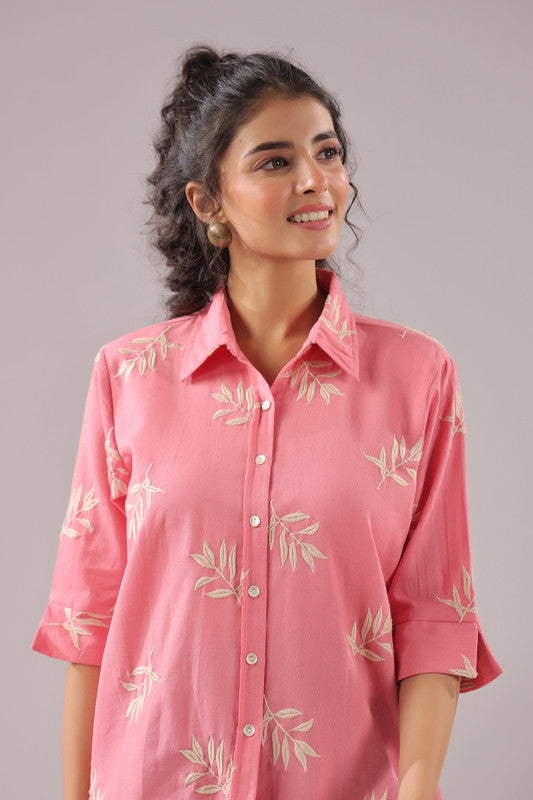 Coral Leaf  Embroidered Cotton Flex Shirt