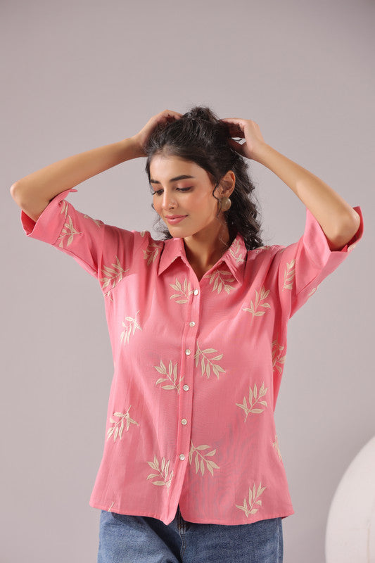 Coral Leaf  Embroidered Cotton Flex Shirt