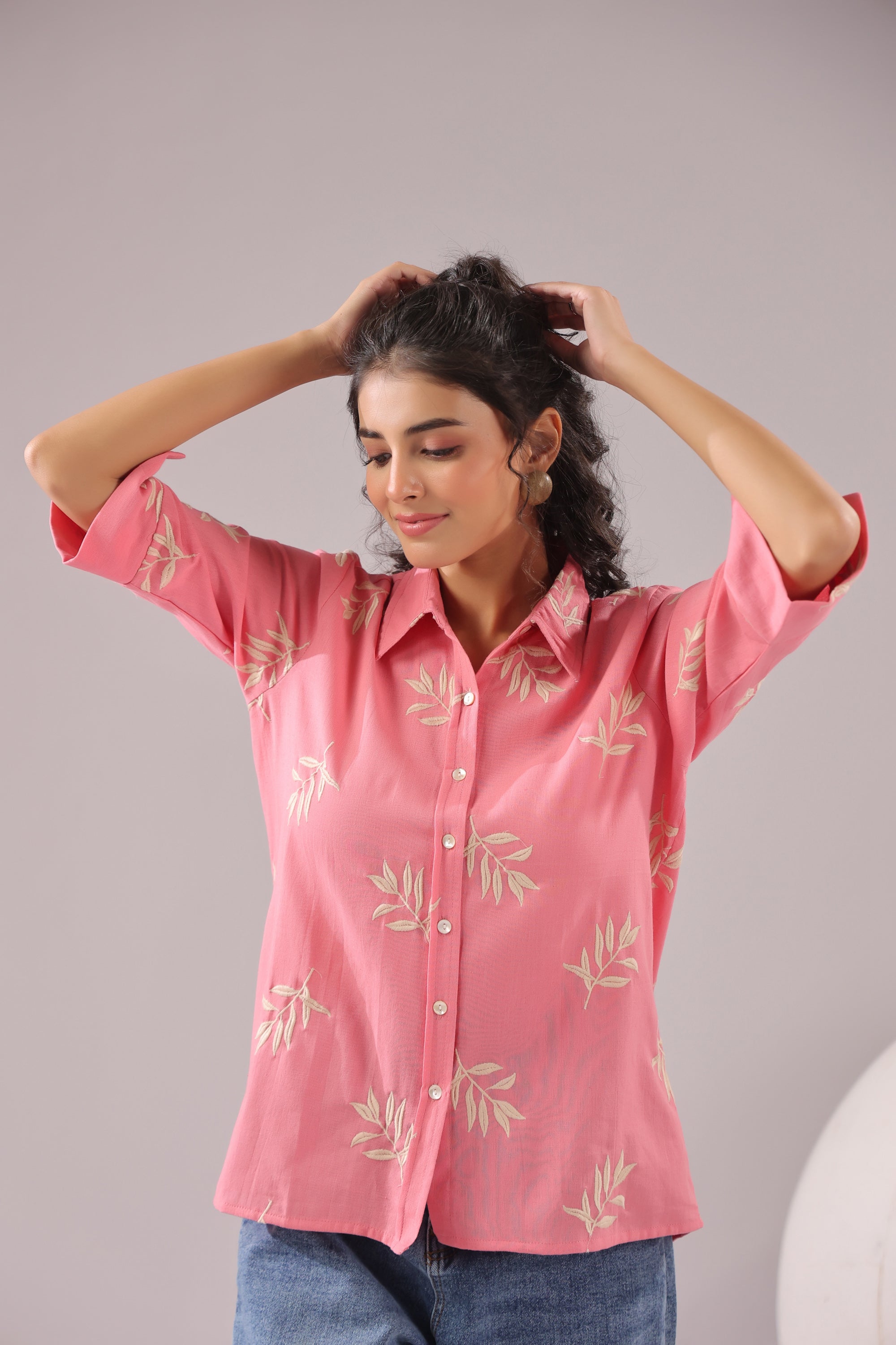 Coral Leaf  Embroidered Cotton Flex Shirt