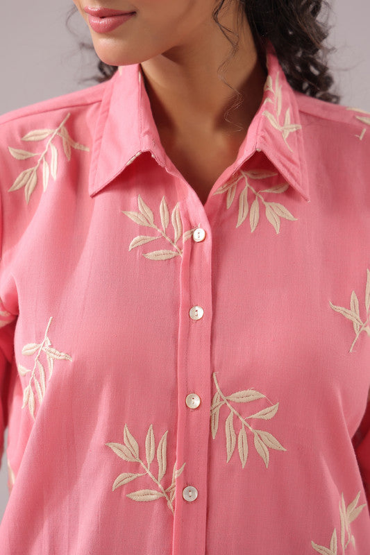 Coral Leaf  Embroidered Cotton Flex Shirt