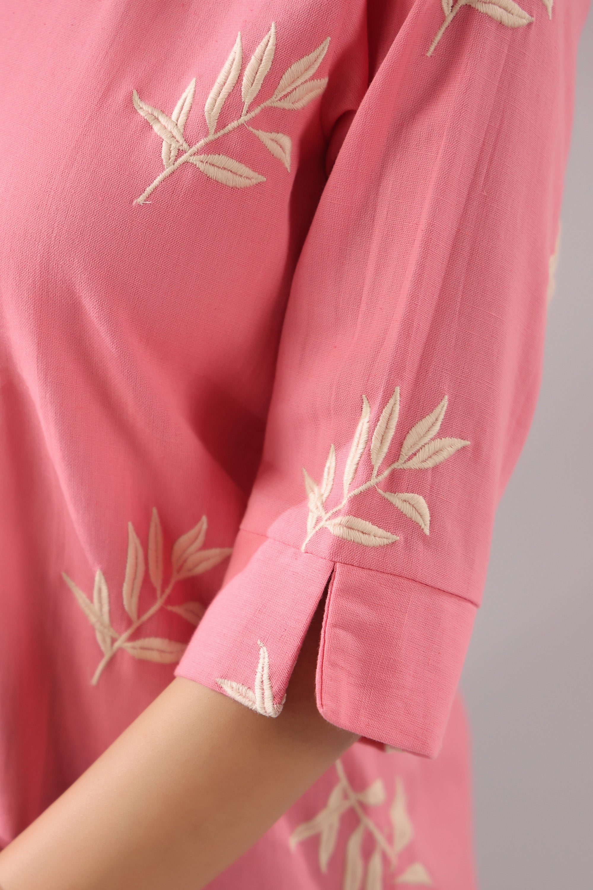 Coral Leaf  Embroidered Cotton Flex Shirt