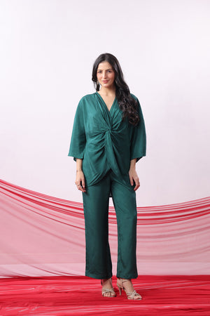 Emerald Green Solid Twist Front Elegant Russian Silk Co-ord Set