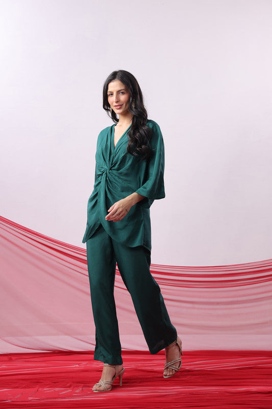 Emerald Green Solid Twist Front Elegant Co-ord Set
