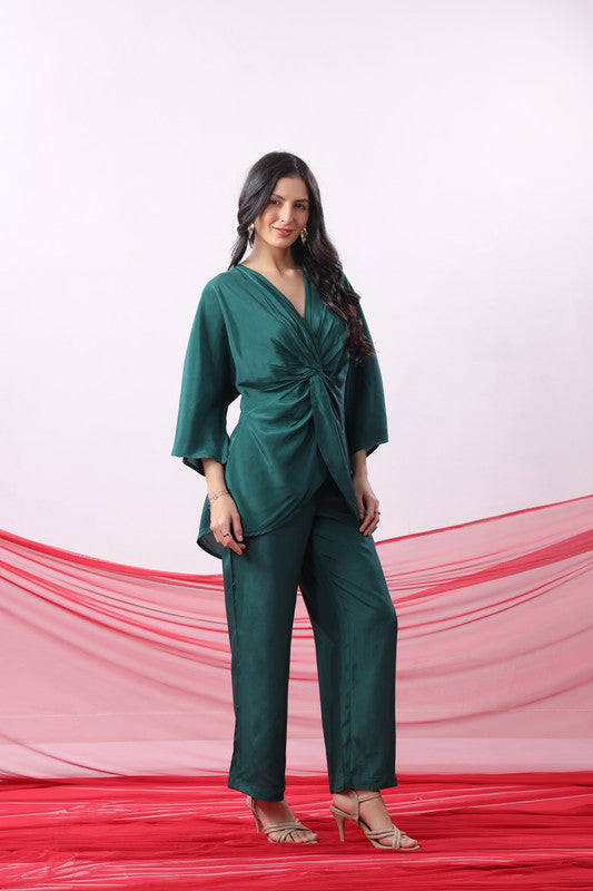 Emerald Green Solid Twist Front Elegant Co-ord Set